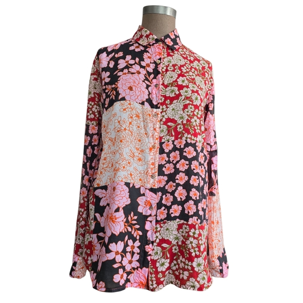 JOHNNY WAS Workshop Flora Mix Print Button-Up Cotton Shirt Size Small